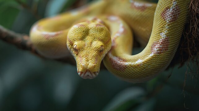 Close-up of a vibrant yellow python coiled on a branch with intricate scale detail
