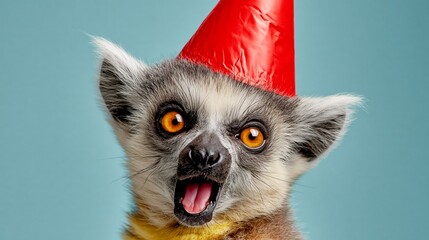 Fototapeta premium Lemur wearing a red party hat with an open mouth expression against a light blue background, showcasing its vibrant orange eyes and playful demeanor