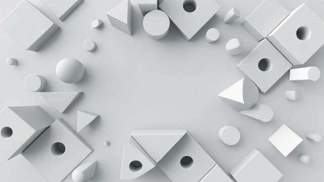 Abstract 3D Geometric Shapes Animation - White Cubes, Spheres, Cones