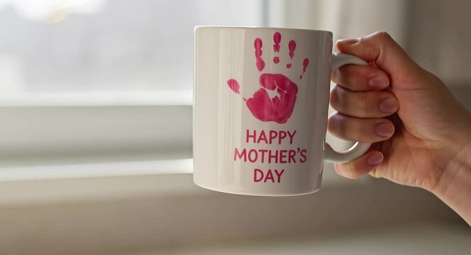 Woman holding a white mug with a pink handprint in celebration of Mothers day. Creative diy ceramic cup with festive text for a holiday gift concept closeup.