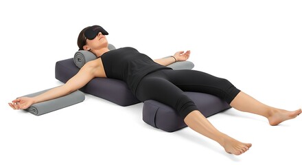 Fototapeta premium A woman relaxes on a body pillow and sleeping mask for a restful sleep