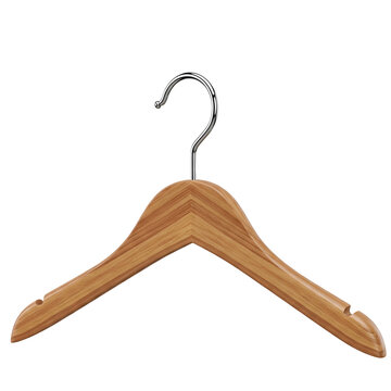 A smooth natural wooden clothes hanger with a polished chrome swivel hook, isolated on transparent background, 8K ultra-high resolution, 16-bit color depth, photorealistic wood grain texture, ray-trac