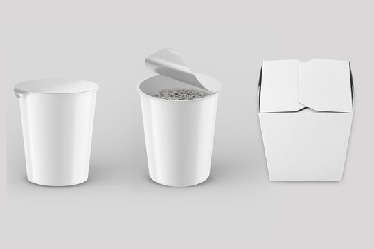 Empty blank white noodles cup Packaging Mock up isolated on gray background. Ramen instant noodle cup . food cup packaging for dairy , instant ramen noodle or desert with clipping path. 3d rendering.