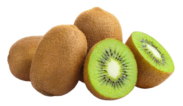 Fresh kiwi fruits with whole and sliced halves arranged in a balanced composition, showing juicy green pulp and seeds, isolated on cutout transparent background