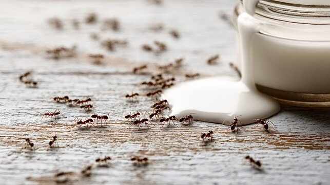 Ants swarming on a wooden surface, attracted to and feeding on a creamy white liquid spill from an overturned jar, illustrating a common household pest problem and food contamination