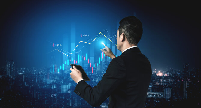 A businessman analyzes financial data in a stunning urban landscape at night using a digital tablet. The scene reflects innovation, growth, and modern finance. Scalp