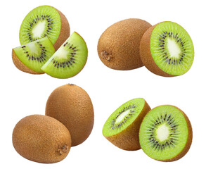 Fototapeta premium Set of fresh kiwi fruit compositions, isolated on cutout transparent background
