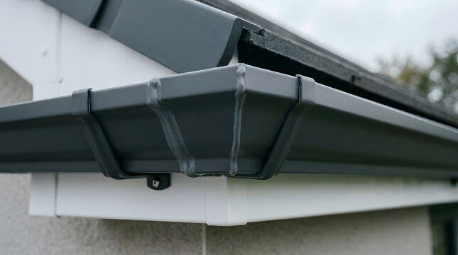 Modern Anthracite Grey Gutter System | Close-up of Rain Drainage Guttering with Joint Sealant | Roof Maintenance and Home Improvement | Plastic Rainwater Gutters and Fascia Board | Protective Drainage
