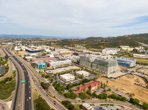 Aerial Drone View of North City Mixed-Use Development and 222 North City Construction in San Marcos