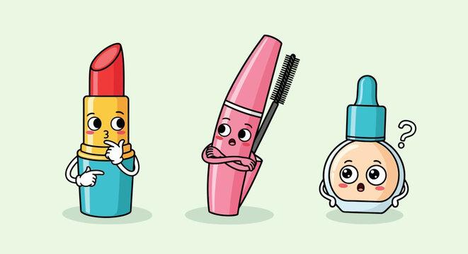 Cartoon cosmetics with expressive faces.
