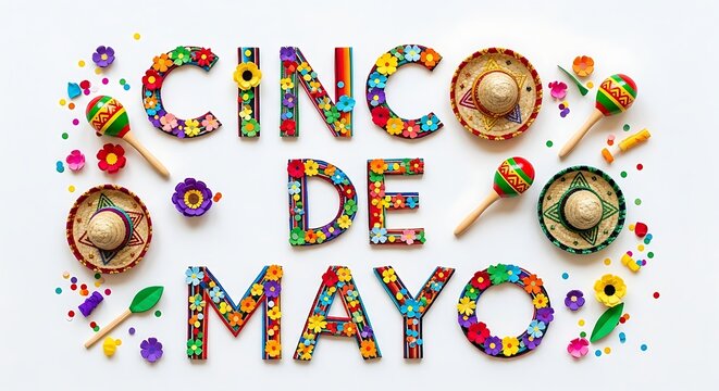 Cinco de mayo celebration with colorful decorations and traditional items isolated on white background