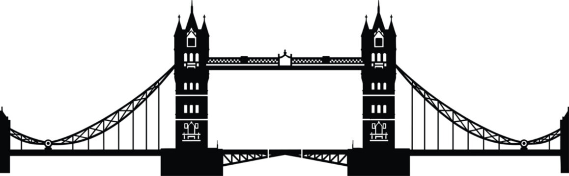 Tower Bridge London silhouette, iconic landmark vector, historic architecture illustration, suspension bascule design, famous city monument, cultural heritage artwork