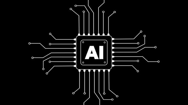Close-up of an AI chip with luminous blue circuitry extending outwards against a dark, out-of-focus background