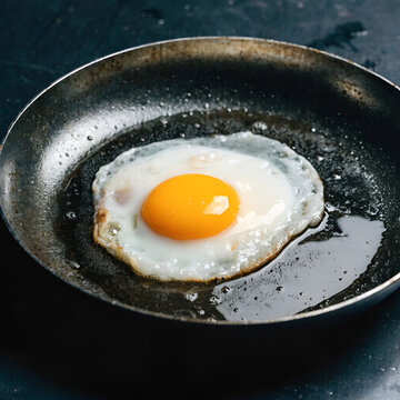 homemade over easy fried egg in pan on dark background