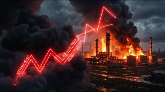 Volatile red graph of rising global oil prices over a burning refinery, with smoke and flames symbolizing energy crisis, market instability, and environmental disaster