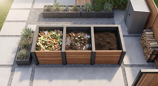 Triple wooden compost bins in a minimalist garden setting transitioning from raw food waste to rich dark soil.