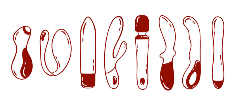 a set of types of vibrator, rabbit, penguin, adult toys for sex games, simple red icon for sex shop in minimalist sketch style, hand drawing