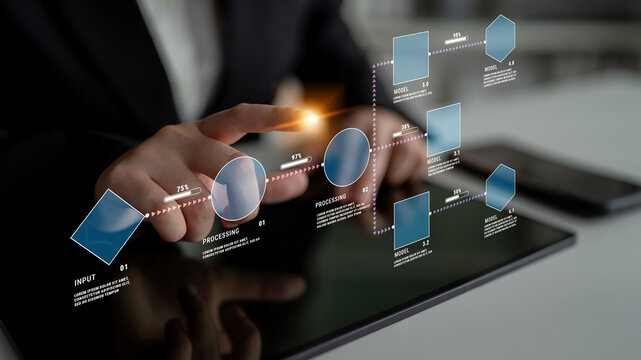 Person Interacting with Digital Graphical Interface on Tablet in Modern Office Environment Showcasing Workflow Process and Data Visualization Quark.