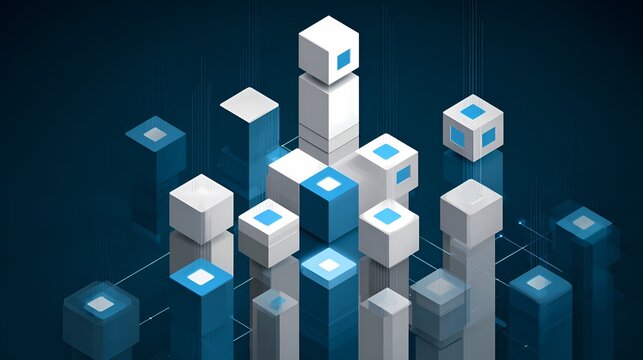 Isometric 3D Rendering of Blue and White Cubes Representing Data Architecture Blockchain or Modern Urban Construction Growth