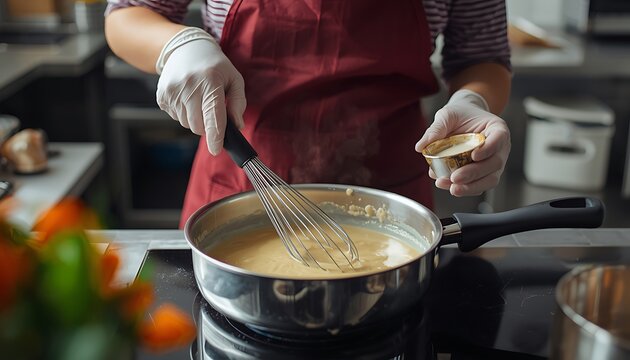 A person in a red apron whisking a creamy sauce in a pan with a blurred kitchen background and vegetables