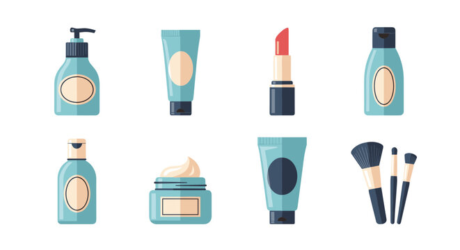 A set of colorful cosmetic products and makeup brushes in a flat design style