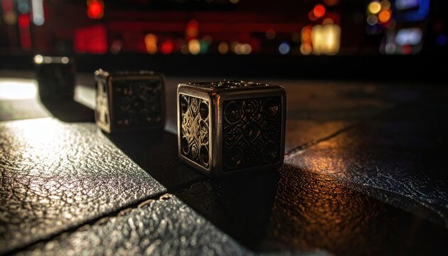 Macro close up shot of intricate metallic dice with sharp edges resting on a textured surface in a moody ambient light setting perfect for tabletop gaming sessions.