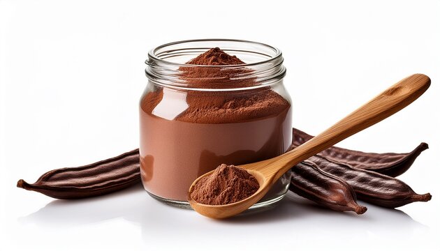 carob powder in glass jar with wooden spoon on white background
