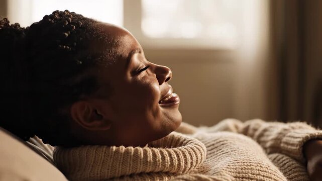 This captures a serene moment of a calm woman lying down in a cozy room. Natural light pours in through the window, creating a warm and soothing atmosphere. The woman's peaceful expression and