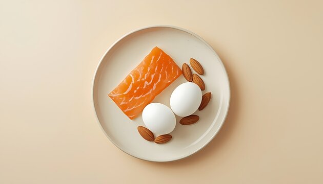 Healthy breakfast plate with salmon, eggs, and almonds on a beige background, nutritious food for a balanced diet and wellness