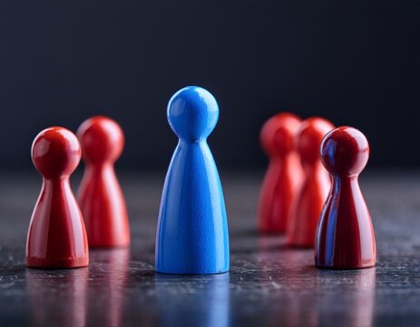blue pawn standing ahead of red and blue game pawns on dark tabletop background