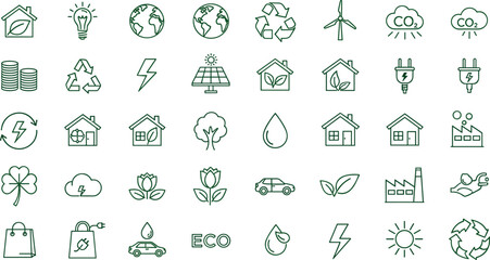 Fototapeta premium Eco Friendly Sustainability Icon Set Featuring Renewable Energy Recycling Green Technology Nature Elements and Environmental Symbols for Clean Energy Design Collection.