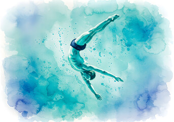 Fototapeta premium Professional male diver performing high angle dive with artistic watercolor splash effect on white background, studio lighting, expressive digital art style