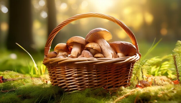 basket of mushrooms resting on green grass after a fresh forest harvest