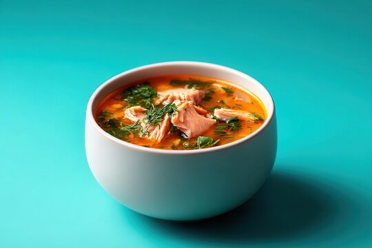 Tasty ukha soup with fresh veggies in a calm spot