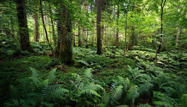 lush greenery blankets a dense forest floor