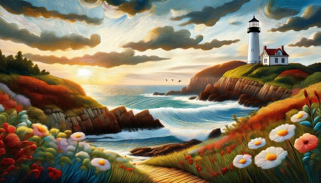 intricate hand embroidered coastal landscape with a lighthouse featuring textured hills flowing water and diverse flora under a dramatic cloudy sky