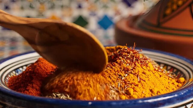 Closeup of colorful spices in a bowl with a wooden spoon.