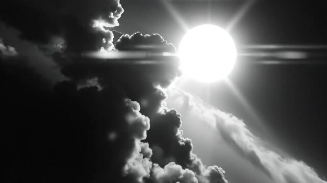 Black and white dramatic sun shining brightly through dense cloud formations, cinematic sky scenery
