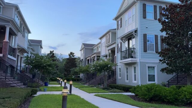 Elegant multi-story townhomes feature light blue and tan siding under a fading evening sky. Glowing warm lights illuminate the manicured green lawn and sidewalk leading to the entrances.