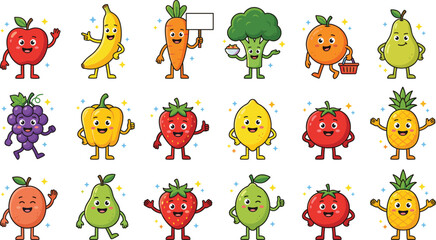 Fototapeta premium Cute Fruit Character Vector Set with Cartoon Apple, Banana, Strawberry, Pineapple and Other Happy Food Mascots for Kids, Healthy Eating and Fun Design