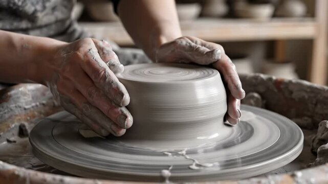 This shows a person working on a pottery wheel, shaping a clay pot with their hands in a studio setting. The scene captures the creative process and attention to detail required in ceramics.