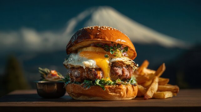Delicious teriyaki pineapple burger with Mount Fuji backdrop