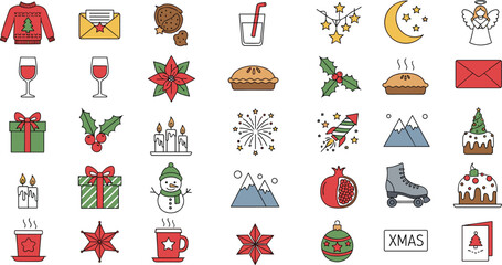 Fototapeta premium Christmas Holiday Icon Set Featuring Gifts Decorations Drinks Snowman Candle Stars Winter Elements and Festive Symbols for Seasonal Greeting Design Collection.