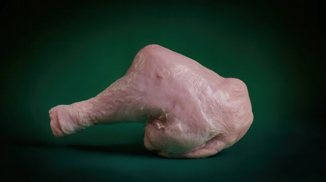 Raw Thai kai yang chicken leg on dark emerald backdrop