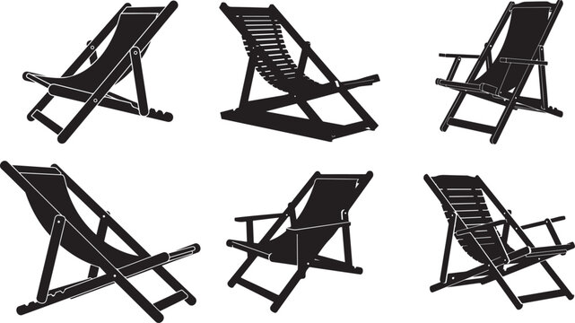 A black silhouette depicts a wooden beach chair folded and angled against a plain white background silhouette. Wooden beach chair folded and angled vector illustration