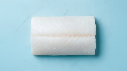 Obraz premium Fresh Pacific halibut fillet on a serene blue backdrop