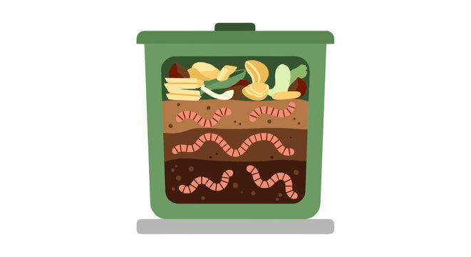 A vector graphic illustration of a green compost bin with layers of food waste and worms
