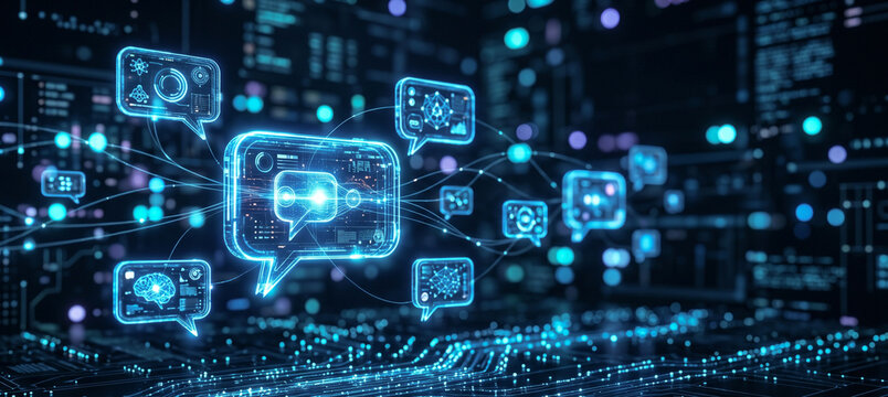 Visual representation of digital communication, featuring glowing chat bubbles and data connections in a futuristic tech environment.
