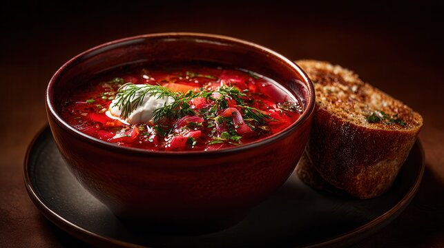 Delicious ukrainian borshch and garlic pampushky on display