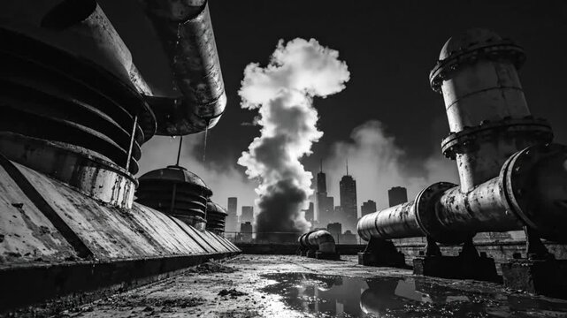 Nuclear explosion over dystopian city viewed from derelict rooftop with industrial pipes and urban skyline
